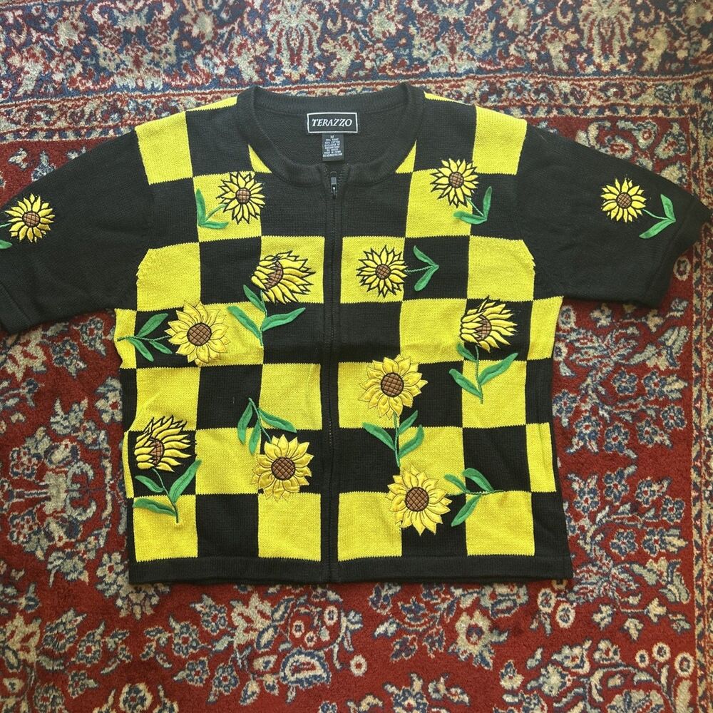 Terazzo Womens Sunflowers Black Yellow Zipper Size M Fall 90s Cottagecore